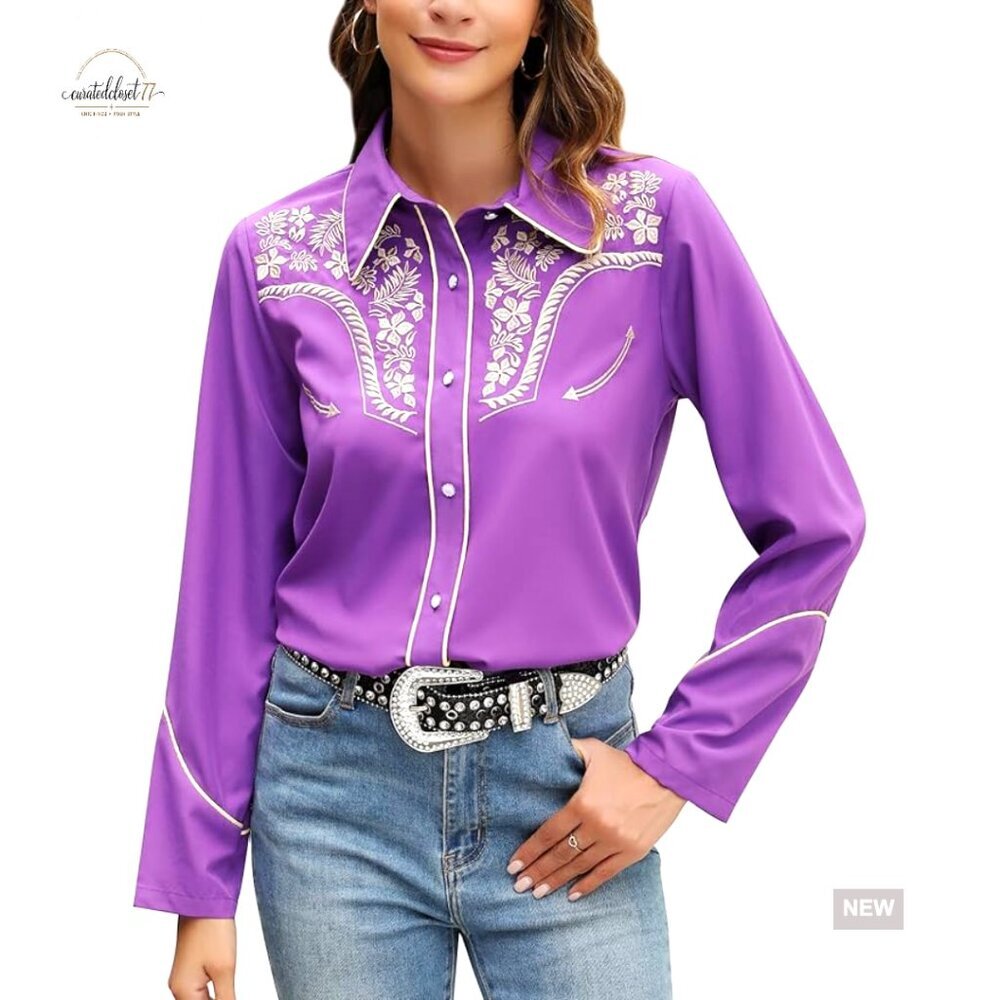 Western Embroidered Long Sleeve Button Down Shirt Regular Fit Viscose